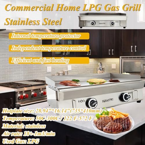 LPG Gas Griddle - Camp Countertop Flat Cooking Griddle with Temperature Control - 2800Pa Top Grill Hot Plate Stove - 2 Burner Outdoor Kitchen - Stainless Steel Grill BBQ Plate - Image 2