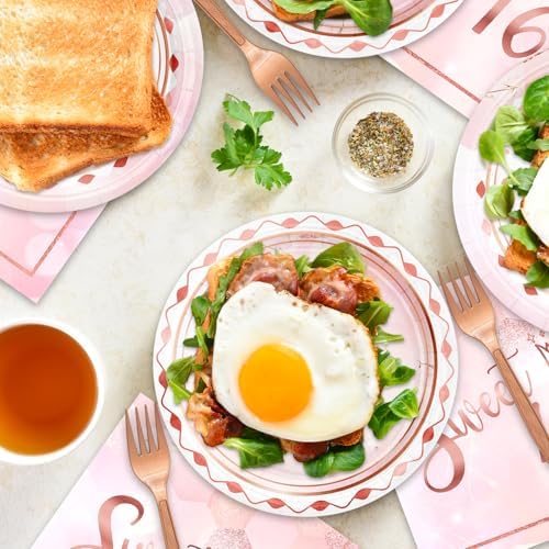 48pcs Sweet 16 Party Decoration Set,16 Dessert Plate,16 Napkin and 16 Fork,Sweet 16 Disposable Tableware for 16 Persons,Used for Pink Rose Gold 16 Party Supplies - Image 6