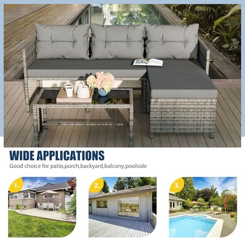 Vongrasig 3 Pieces Patio Furniture Sets, All-Weather Wicker Outdoor Sofa Couch Sectional Set, Small Conversation Set for Patio, Garden w/Cushion, Glass Table, (Grey) - Image 6