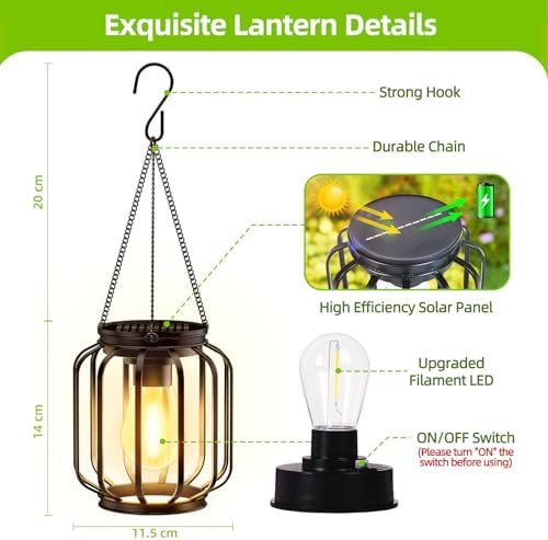 Solar Hanging Lanterns Outdoor Waterproof: 4 Pack Metal Solar-Powered Lights with Hook, Bright Warm Lantern Decor for Outside, Classic Outdoor Lighting for Yard Garden Patio Porch Balcony Decorations - Image 2