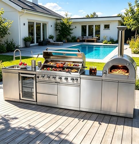 128" Outdoor Kitchen Island,Stainless Steel Propane BBQ Grill with Pizza Oven, Rotisserie, Refrigerator, Granite Countertop, Storage Cabinets & Drawers 120,000 BTU. by INOTEVERITORY