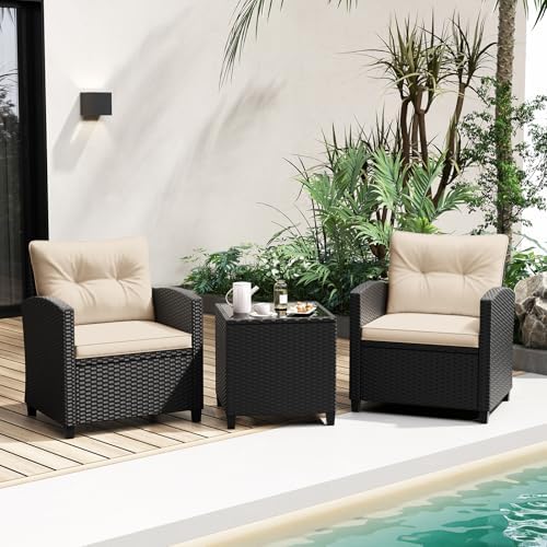 Tangkula 3 Piece Patio Furniture Set, Rattan Conversation Set w/Soft Seat & Back Cushions, Tempered Glass Topped Coffee Table, Cushioned Wicker Seating Set for Backyard, Porch, Poolside (Beige) - Image 3