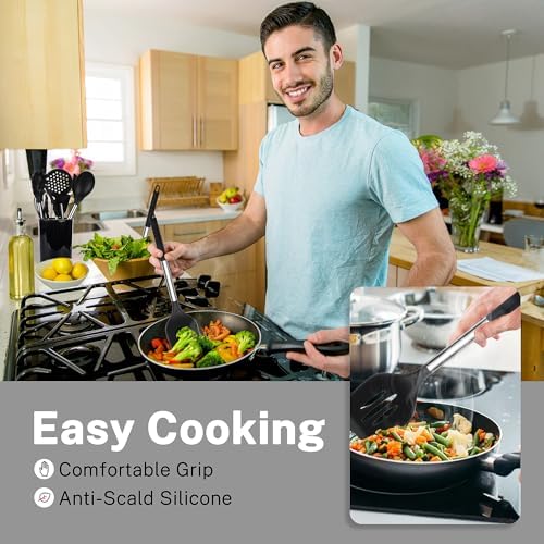 QMVESS Silicone Cooking Utensils Set, 28 Pcs Non-Stick Kitchen Utensils Set with Holder, 446°F Heat Resistant Spatula, Tongs, Spoons Set with Stainless Steel Handle Kitchen Gadgets (Black) - Image 2