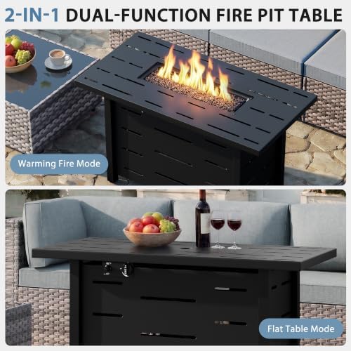 Shintenchi 6 Piece Outdoor Patio Furniture Set with 43 Inch Propane Fire Pit, Washable Cushions, Glass Coffee Table, Waterproof Cover & CSA Certified for Backyard Poolside, Brown PE Rattan/Gray - Image 6