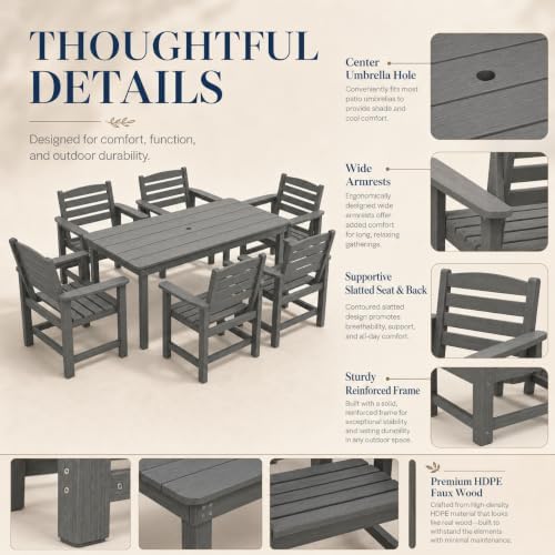 7-Piece Two-Tone Gray Patio Dining Table Sets, All-Weather HDPE Outdoor Furniture Set with Umbrella Hole, Light Gray Rectangular Table and 6 Dark Gray Chairs for Backyard Deck Garden - Image 4