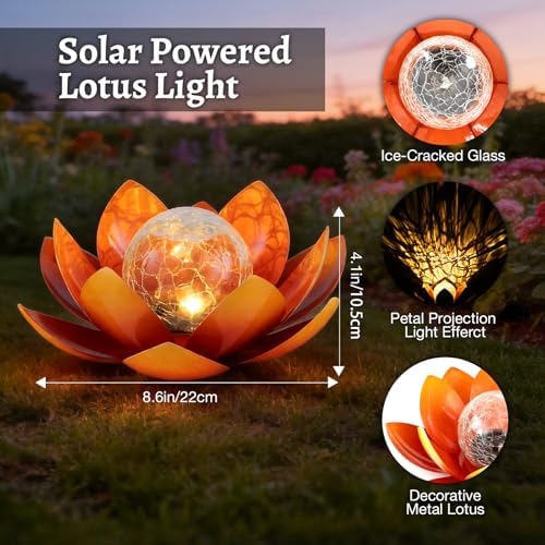 Huaxu Solar Lights Outdoor Garden Decoration Crackle Globe Glass Waterproof LED Metal Orange Lotus Flowers Gift for Mom,Women,Patio,Lawn,Walkway,Tabletop,Ground - Image 4