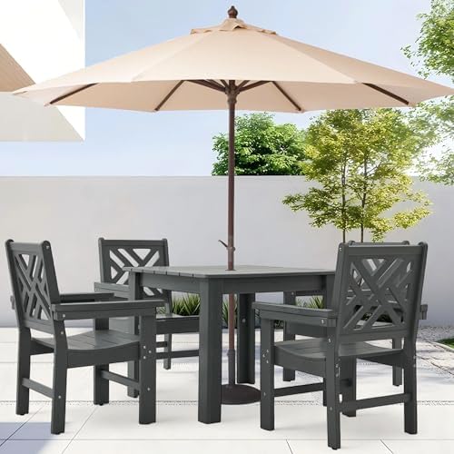 HDPE Outdoor Dining Set,5-Piece Outdoor Table and Chairs Include 4 Armchair Chairs and 35.5" Square Patio Dining Table with Umbrella Hole (Gray) - Image 2
