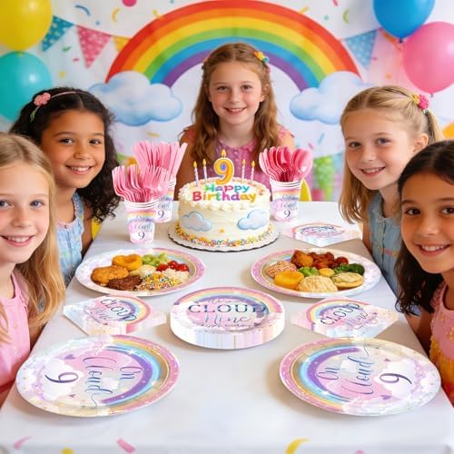 168Pcs on Cloud 9th Birthday Party Supplies Rainbow Clouds Nine Plates and Napkins We are on Cloud Nine Tableware Set for Girls Ninth Birthday Rainbow Themed Party Supplies, Serves 24 - Image 6