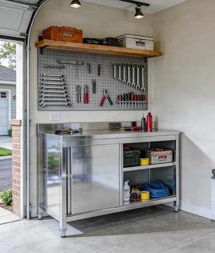 47" Stainless Steel Kitchen Worktable with Cabinet, 440 LBS Heavy Duty Commercial Prep Table with Sliding Doors & Adjustable Feet, Backsplash, for Restaurant, Home, Garage, Outdoor BBQ - Image 3