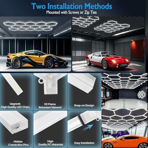 7-Hexagon LED Garage Lights, 488W 48,800LM Super Bright Honeycomb Shop Light, 31-Lights DIY Ceiling Grid Lighting Fixture for Car Detailing, Workshop, Gym, Warehouse, Basemen - Image 7
