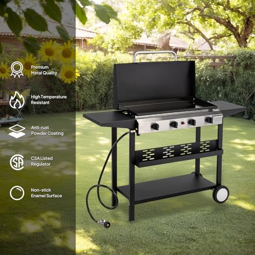 ROVSUN 4 Burner Portable Propane Griddle with Ignition, 40000 BTU Freestanding Flat Top Gas Grill with Enameled Tray, Lid, Side Shelves & Regulator for Outdoor Cooking Camping BBQ - Image 3