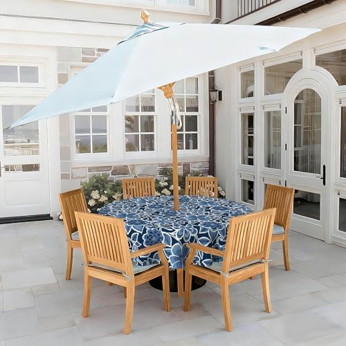 LVTXIII Round Outdoor Tablecloth with Umbrella Hole and Zipper, Water-Repellent 60 Inch Patio Table Cover for Bistro, Garden, Patio & Picnic, Flower Navy - Image 2