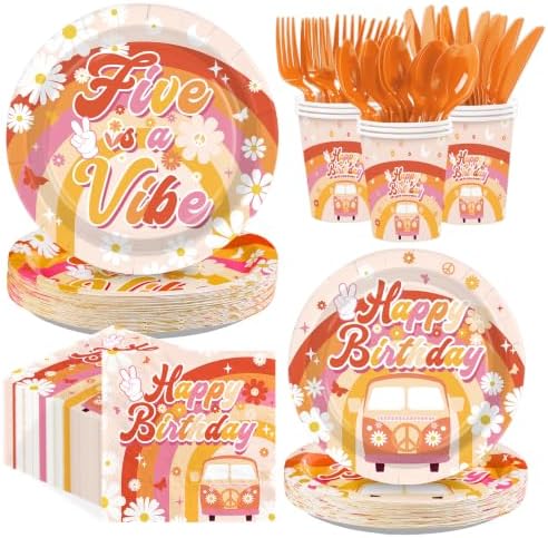 168Pcs Five Is a Vibe Birthday Party Decorations Groovy 5th Birthday Plates and Napkins Hippie Daisy Tableware Set for Girls Boho 5 Years Old Party Supplies Serves 24 by Greencian