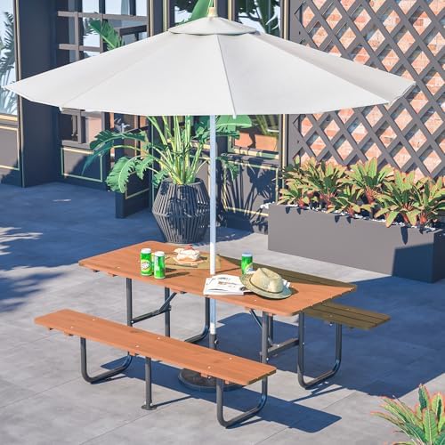 72'' Rectangular Outdoor Dining Table Wooden Patio Dining Table & 2 Built-in Bench for 8, 2" Umbrella Hole & Metal Base, Suitable for Picnic Backyard Garden Porch, Brown - Image 3