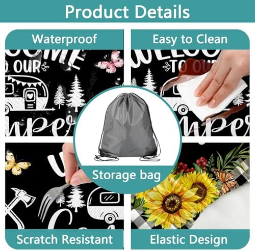 Sunflower Plaid Picnic Table Cover with Bench Covers and Bag, Camping Essentials, Checkered Floral Waterproof Windproof, Fitted Tablecloth Cover with Elastic Edge, Garden & Outdoor, 3 PCS, 30x60 Inch - Image 2