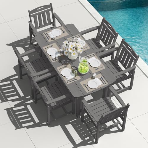 HDPE Outdoor Dining Set, Patio Table and 6 Chairs, 2" Umbrella Hole, Grey by Suunyn