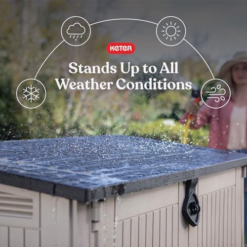 Keter Store-It-Out MIDI Outdoor Resin Storage Shed – Weather-Resistant Horizontal Cabinet for Trash Cans, Garden Tools & Patio Accessories – Lockable, Easy-Lift Lid, 30 Cu. Ft. Capacity, Beige - Image 3