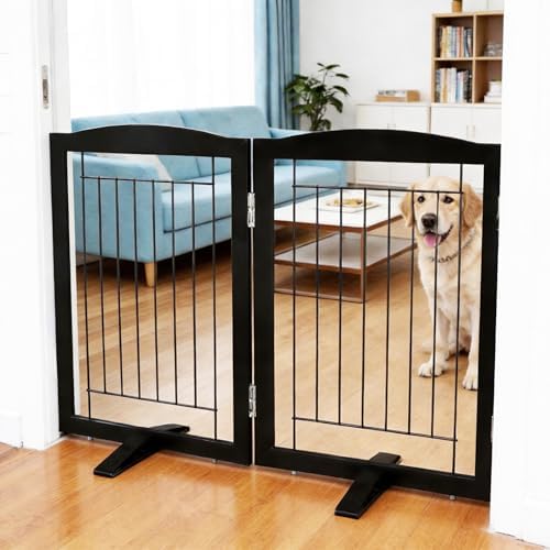 ZJSF Freestanding Dog Fence Indoor, Foldable Dog Gate for Doorways, Stairs or Hallways, Sturdy Wood Extra Wide Pet Gate with Support Feet for The House, Black, 32 "Height-2 Panels by ZJSF