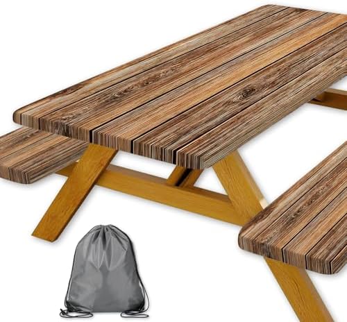 Farmhouse Picnic Table Cover with Bench Covers Camping Essentials Brown Wood Grain Waterproof Windproof Camping Tablecloth Fitted Tablecloth Cover with Elastic Edge for Indoor Outdoor 3 PCS 30x72 Inch by Xguatan