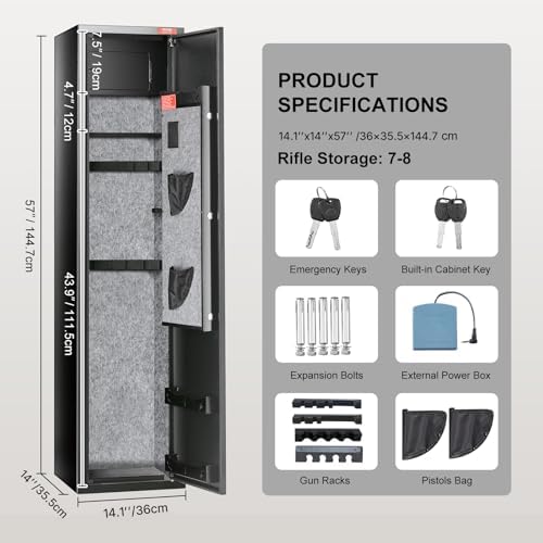 VEVOR 7-8 Rifles Gun Safe, Rifle Safe with Fingerprint & Digital Keypad Lock, Gun Storage Cabinet with Built-in Storage Locker, Removable Storage Shelf for Home Long Gun and Pistols - Image 7