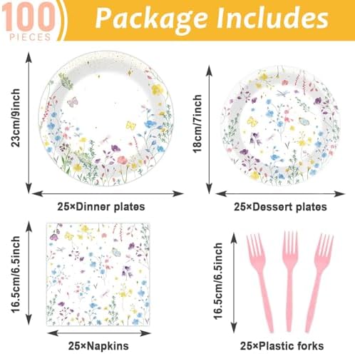OBUSATT 100 Pcs Wildflower Paper Plates and Napkins Party Supplies Wildflower Party Decorations Floral Wildflower Disposable Plates Set for Summer Spring Birthday Baby Shower Wedding, Serve 25 Guests - Image 2