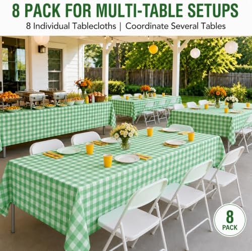 8 Pack Green Gingham Disposable Plastic Tablecloths, 54 x 108 Inch - Image 5
