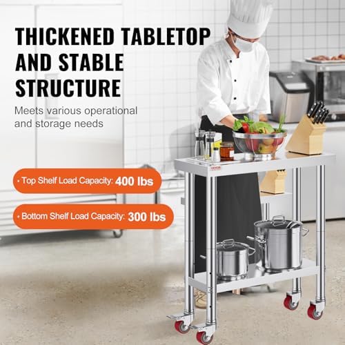 VEVOR Stainless Steel Work Table 30 x 12 x 34 Inch, 700 LBS Load Capacity with 4 Wheels, 3 Adjustable Height Levels, Heavy Duty Food Prep Worktable for Commercial Kitchen Restaurant, Silver - Image 3