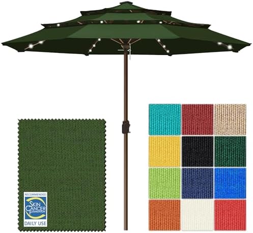 EliteShade USA 10-Year-Non-Fading 10ft 3-Tier Market Patio Umbrella, Commercial Table Umbrella with 80 Solar LED Lights, Crank Open, Windproof & UPF 50+ UV Protection for Garden, Deck, Pool, Backyard, No Tilt, Fern by EliteShade