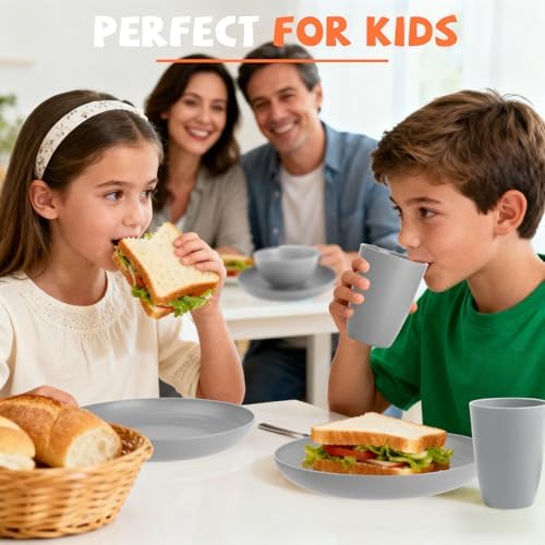 Wheat Straw Dinnerware Sets, 20 PCS Service for 4, Dishwasher & Microwave Safe Kids Plates and Bowls Sets, Unbreakable Lightweight Outdoor Camping Dishes - Gray - Image 4
