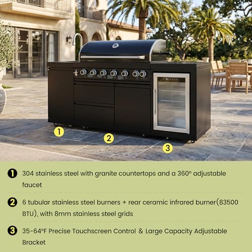 82 Inch Outdoor Kitchen Island, 6 Burner Propane Gas BBQ Grill 83500 BTU, 304 Stainless Steel Black Grill Station with Sink, Refrigerator, Rotisserie, For Backyard BBQ, Black - Image 3