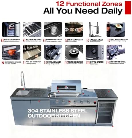 104-Inch 4 Burner 72000 BTU Stainless Steel Outdoor Kitchen Bar, 4 Units Modular Propane Gas BBQ Island Grill (Free Combination) with Wine Cooler, Refrigerator, Granite Countertops & Storage, Silver - Image 4