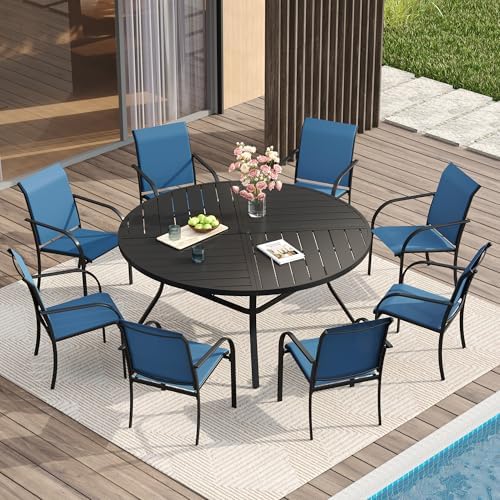 VICLLAX Patio Table and Chair Set of 8, All Weather Metal Round Outdoor Dining Furniture Set-53 Round Outdoor Table and Chairs, Black Tabletop by HOME