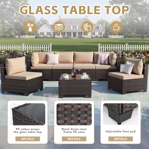 LEVELEVE 7 Pieces Outdoor Patio Furniture Sets,Rattan Conversation Sectional Set,Manual Weaving Wicker Patio Sofa with Tea Table - Image 4