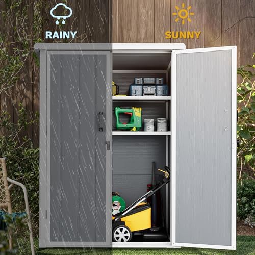DWVO Outdoor Tall Storage Shed 60 Cuft with 2 Shelves, 5X3FT Vertical Tool Shed with Floor & Lockable Doors, Sturdy Double-Wall Plastic Cabinet for Garbage Cans and Garden Storage - Image 6
