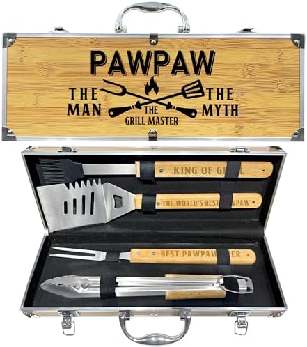 Paw Paw Gifts, Christmas Pawpaw Gifts from Grandkids Heavy Duty Wooden BBQ Grilling Accessories Kit for Backyard, Thick Stainless Steel Grill Utensils with Non-Slip Handle Tools in Portable Bag by Taesun