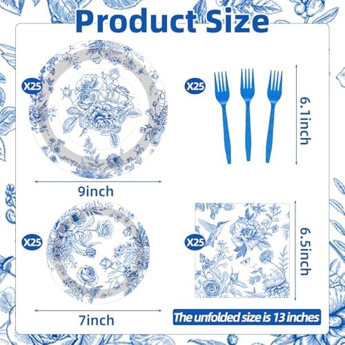 100 Pcs Blue and White Floral Tableware Party Supplies Set, Serves 25 – Disposable Elegant Flower Paper Plates, Napkins, and Plastic Forks for Wedding, Bridal Shower, Birthday, Garden Tea Decorations - Image 2