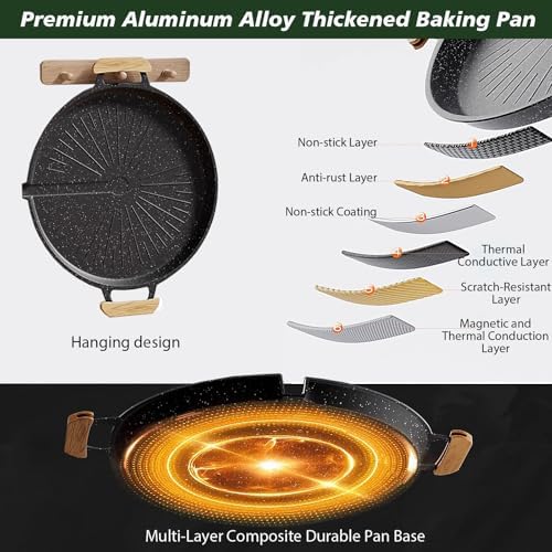 Double Ear Non Stick Baking Tray, 12.6-Inch Portable Outdoor Barbecue Plate, Breakfast Frying Pan with Automatic Oil Filter, Circular Large Cooking Surface, Versatile for Stoves, PFOA Free (Black) - Image 6