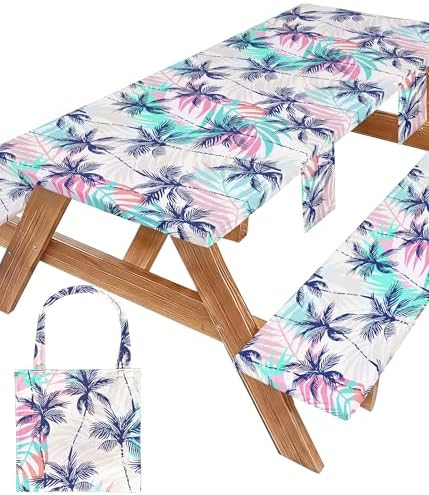 Picnic Table Cover with Bench Covers Waterproof Fitted Table Cloth Tablecover Camp Camper Camping Essentials Outdoor Beach Summer River Water Motorhome Trailer Road Trip Tent Rv Car Travel Activities by Wrakus