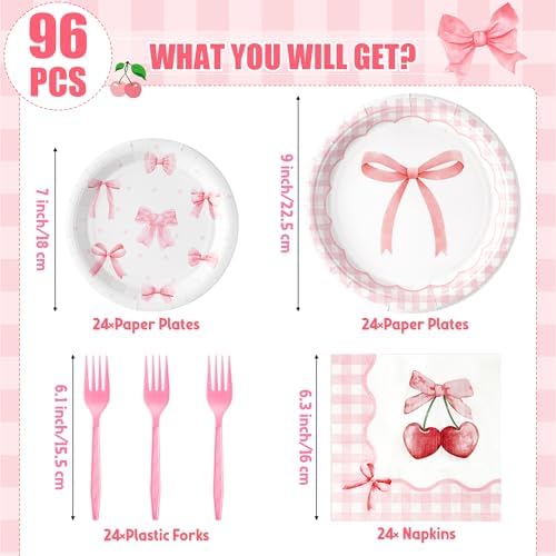 96Pcs Pink Bow Coquette Cute Party Plates Supplies - Party Tableware Decorations Disposable Paper Plates Napkins Forks for Birthday Bachelorette Bridal Engagement, Serves 24 - Image 2