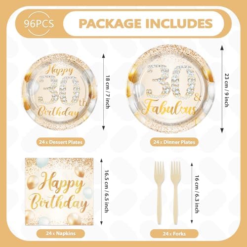 96Pcs 30 Fabulous White and Gold Birthday Party Decorations Serves 24 - Image 5