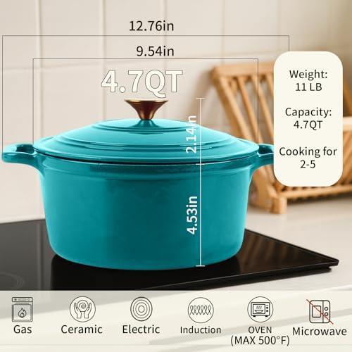 Enameled Cast Iron Dutch Oven with Lid&Silicone Grip, Round Casserole Pot for Bread Baking, Braising, Roasting,Stews,Heavy-Duty Baking Pan,Oven Safe, Induction Compatible (4.7QT,Lagoon) - Image 2