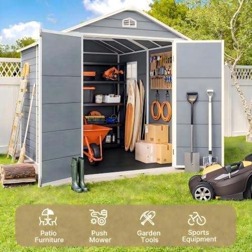 Gizoon 8x6 FT Outdoor Plastic Shed, Resin with Floor, Lockable Doors, Gray - Image 3