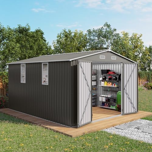 Metal Storage Shed 12x4FT Lean-to Outdoor Tool Shed with Double Doors, Galvanized Steel Frame Garden Storage Organizer, Hardtop Gazebo Combo for Patio Backyard Workshop Lawn Equipment Storage by GDFStudio
