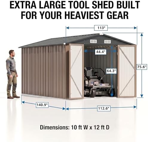 Devoko 8x12 FT Outdoor Storage Shed, Metal Tool Shed with Lockable Door&Slooping Roof, Outside Large Utility Storage for Garden Backyard Patio(Brown) - Image 2