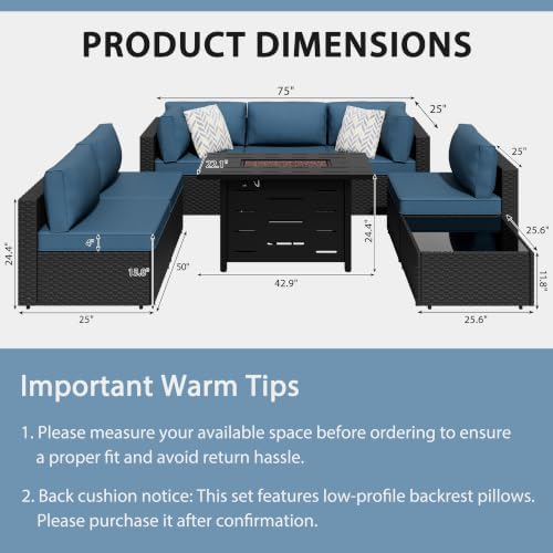 Shintenchi 8 Piece Outdoor Patio Furniture Set with 43 Inch Propane Fire Pit, Washable Cushions, Glass Coffee Table, Waterproof Cover & CSA Certified for Backyard Poolside, Black PE Rattan/Navy Blue - Image 2