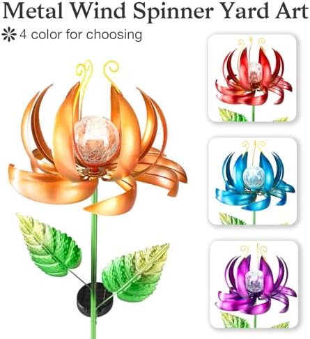 Solar Yard Lights Wind Spinners- Metal Lotus Flower Garden Decor LED Crackle Glass Globe Yard Art Sculpture Solar Stake Lights for Patio Pathway Lawn Walkway (Yellow-Large) - Image 2