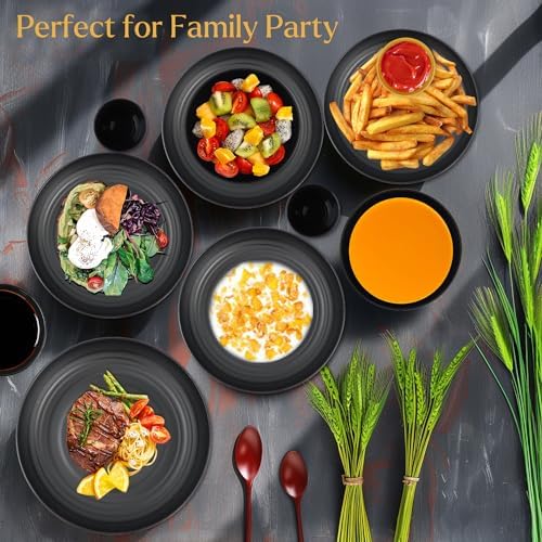 Wrova Wheat straw dinnerware sets of 16-10 inches plates,26oz bowls,2oz dipping bowls,12oz cups - Unbreakable plates and bowls sets microwave safe and dishwasher safe,service for 4. Black - Image 6