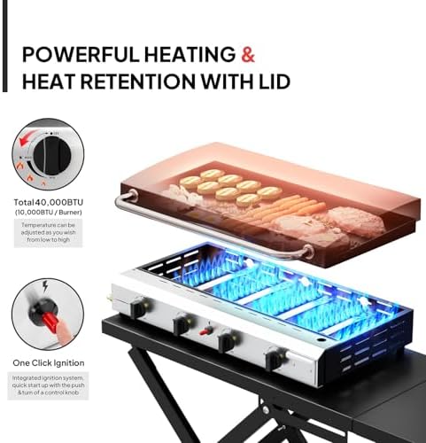Bonnlo Foldable Flat Top Grill with 4 Burner & Lid, Powerful 40,000 BTU Propane Gas Grills with Ignition, Enamel Griddle, Side Shelf & Portable Cart with Wheels for Outdoor Camping Hibachi Grill Use - Image 2