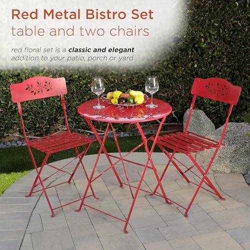 Alpine Corporation Indoor/Outdoor 3-Piece Bistro Set Folding Table and Chairs Patio Seating, Red - Image 3