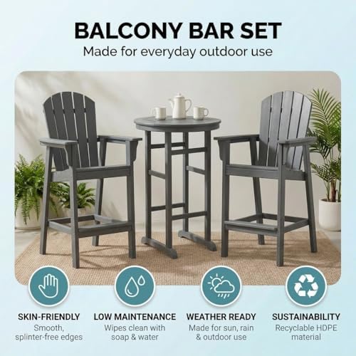 3-Piece Gray HDPE Indoor/Outdoor Bar Height Bistro Set, 31.1" Round Pub Table with 2 Bar Stools, All-Weather Patio Furniture for Balcony, Deck, Poolside & Coastal Use - Image 6